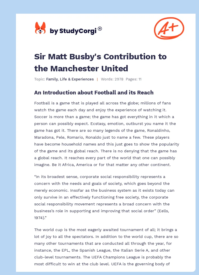 Sir Matt Busby's Contribution to the Manchester United. Page 1