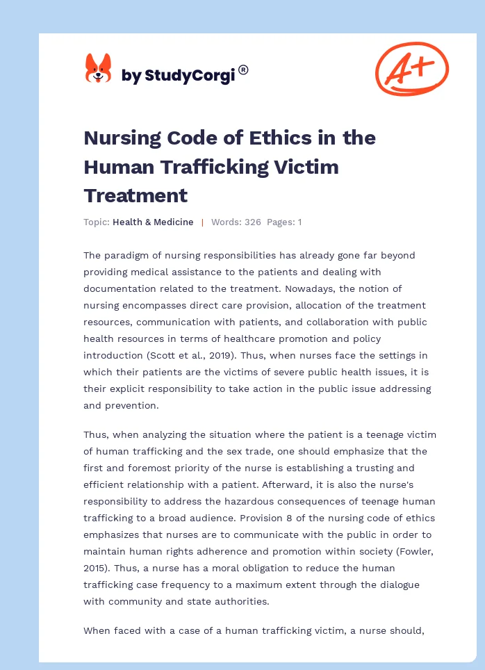 Nursing Code of Ethics in the Human Trafficking Victim Treatment. Page 1