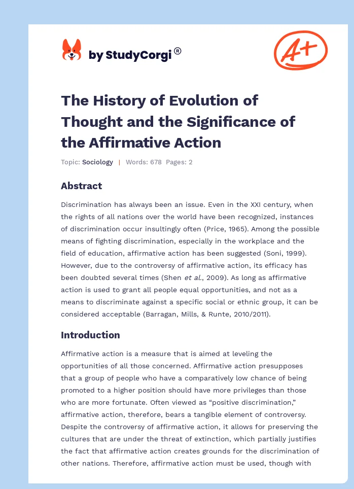 The History of Evolution of Thought and the Significance of the Affirmative Action. Page 1