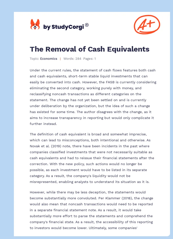 The Removal of Cash Equivalents. Page 1