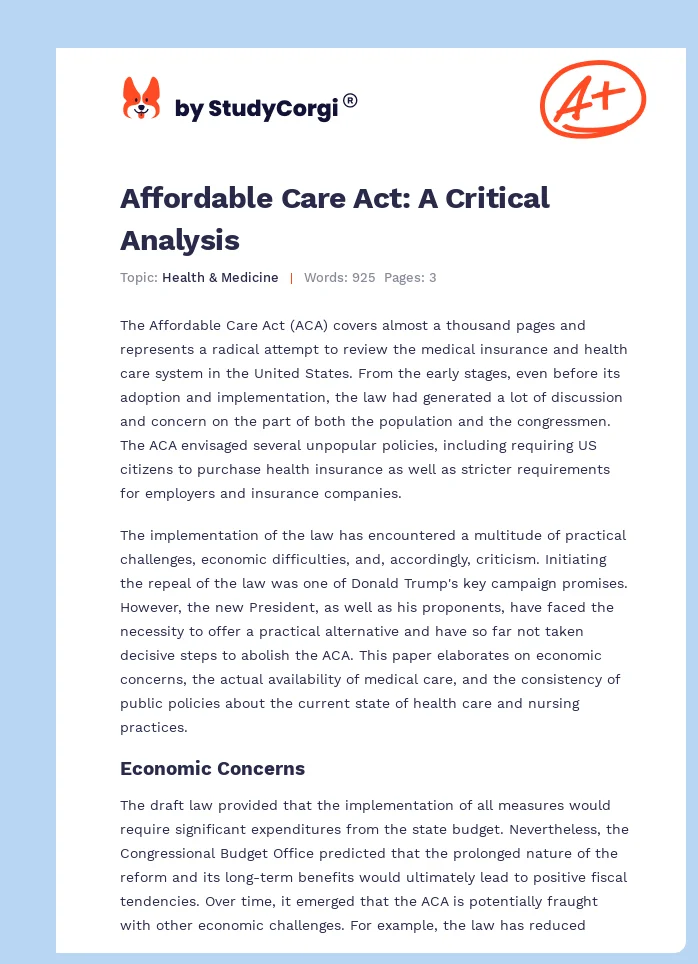 Affordable Care Act: A Critical Analysis. Page 1