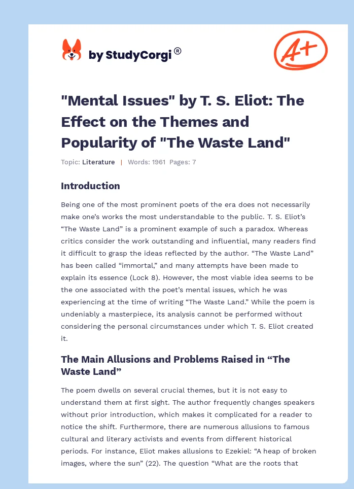 "Mental Issues" by T. S. Eliot: The Effect on the Themes and Popularity of "The Waste Land". Page 1
