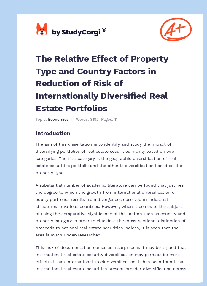The Relative Effect of Property Type and Country Factors in Reduction of Risk of Internationally Diversified Real Estate Portfolios. Page 1