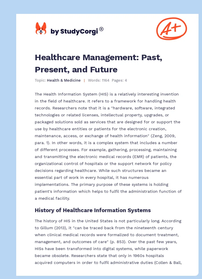 Healthcare Management: Past, Present, and Future. Page 1