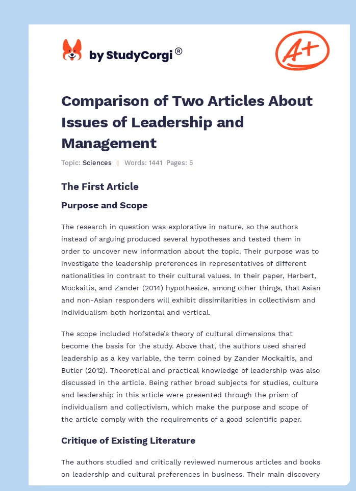Comparison of Two Articles About Issues of Leadership and Management. Page 1