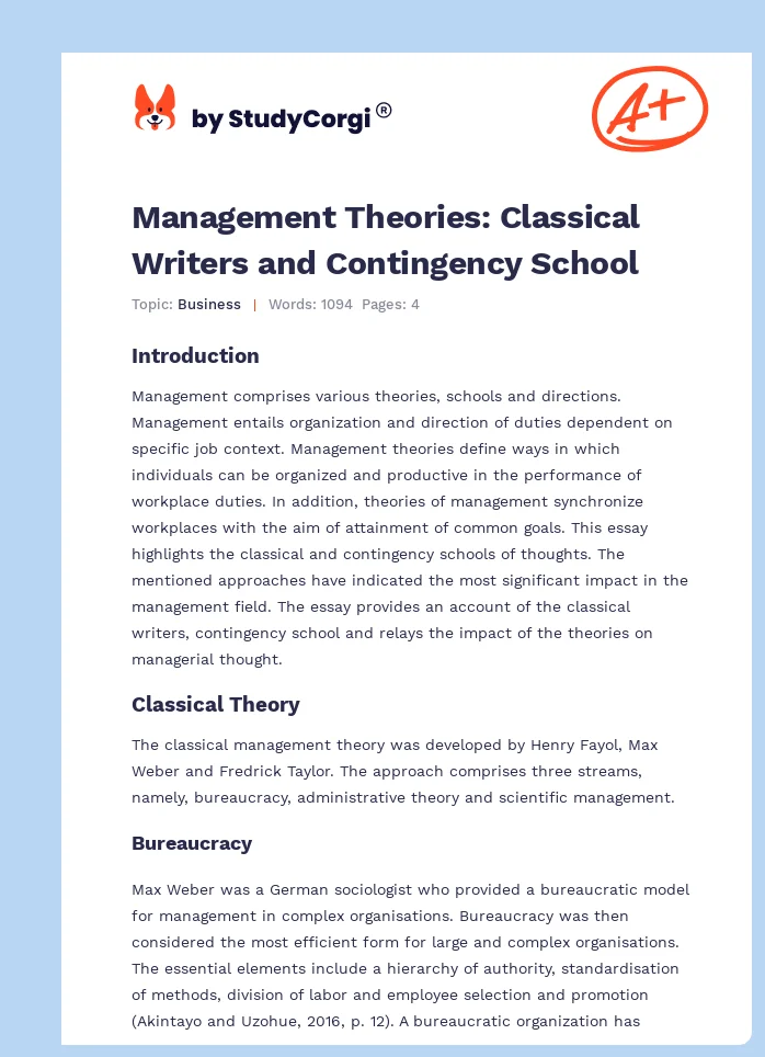 Management Theories: Classical Writers and Contingency School. Page 1