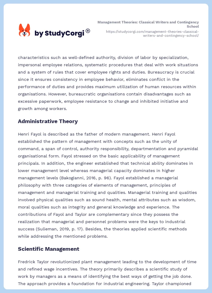Management Theories: Classical Writers and Contingency School. Page 2