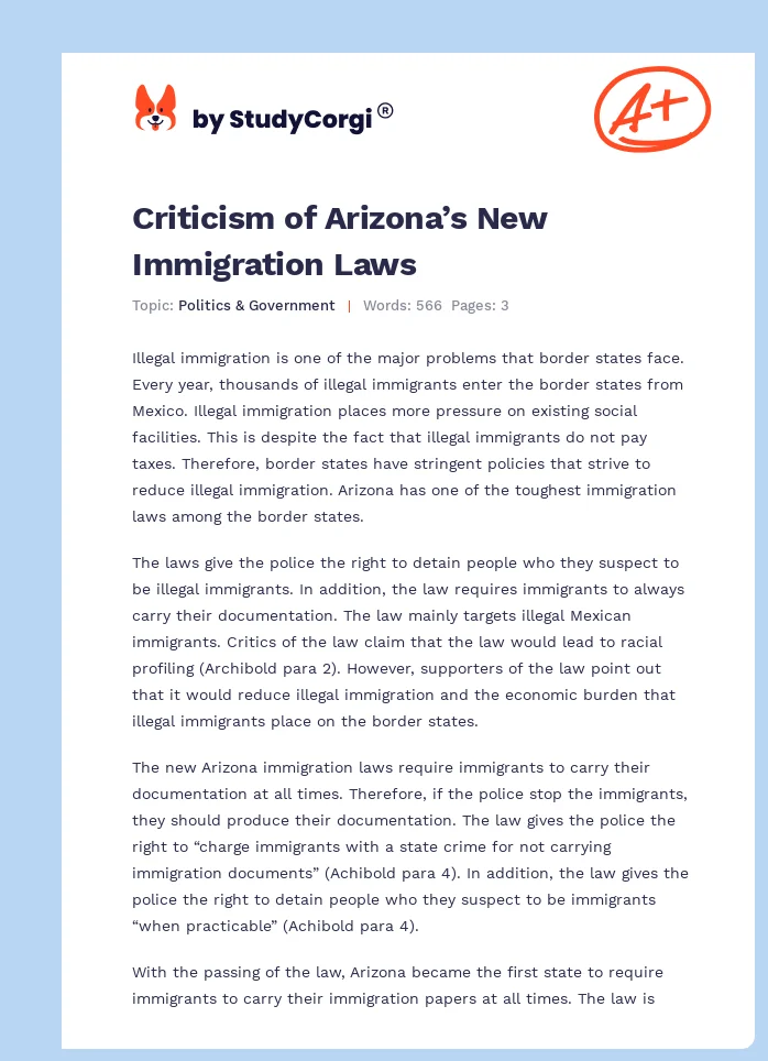 Criticism of Arizona’s New Immigration Laws. Page 1