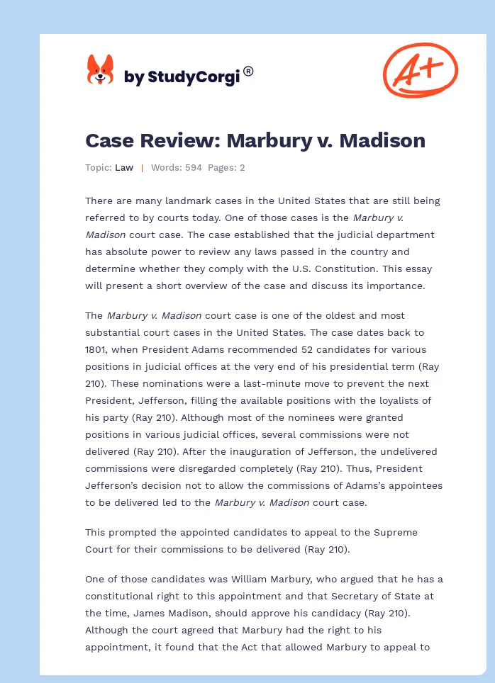 Case Review: Marbury v. Madison. Page 1