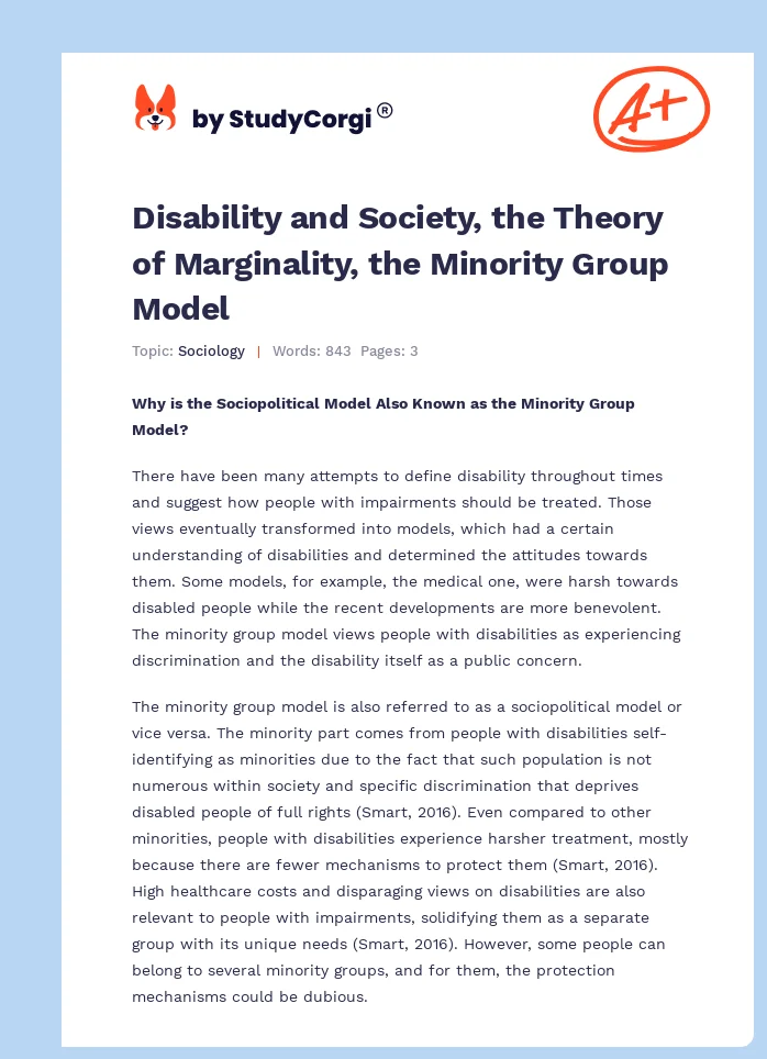 Disability and Society, the Theory of Marginality, the Minority Group Model. Page 1
