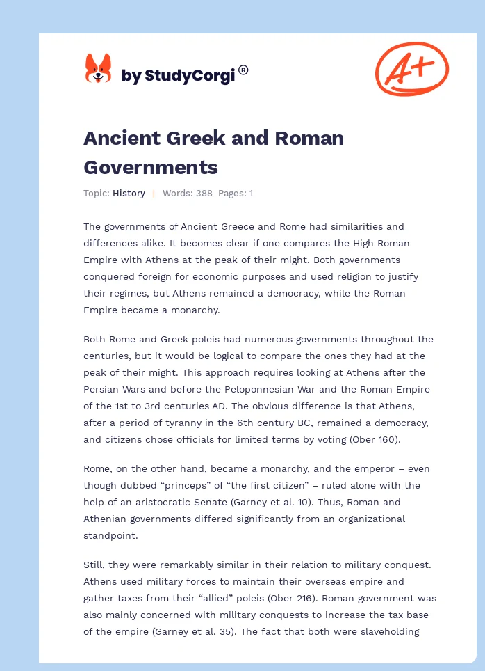 Ancient Greek and Roman Governments | Free Essay Example