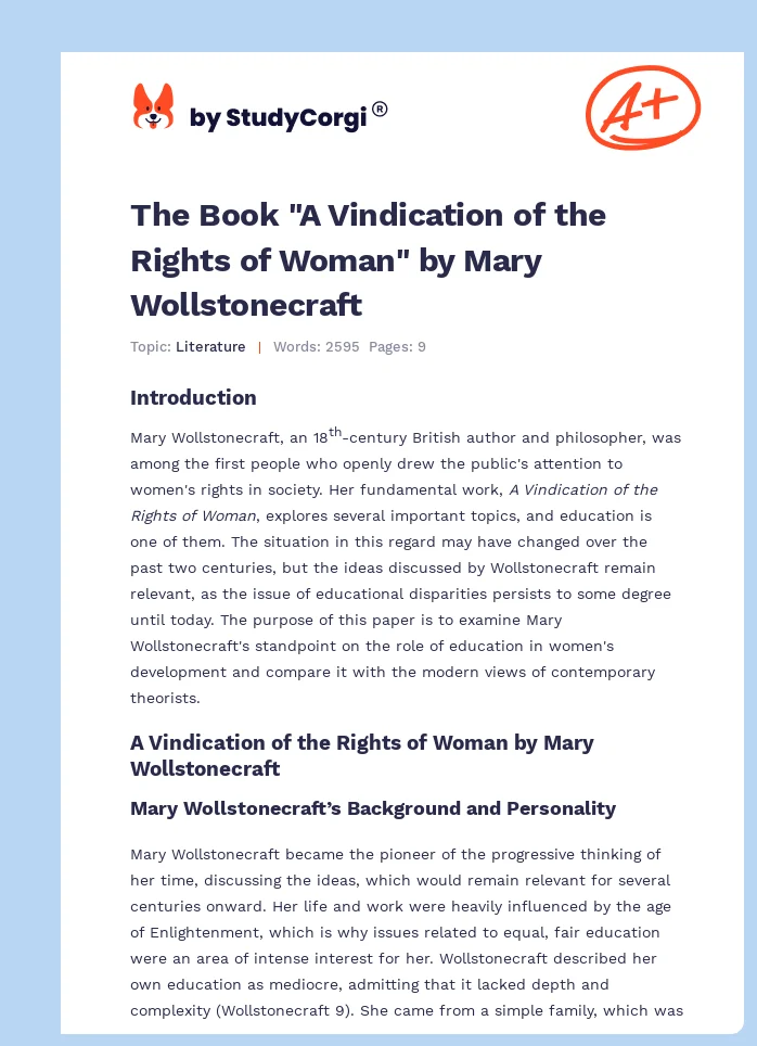 The Book "A Vindication of the Rights of Woman" by Mary Wollstonecraft. Page 1