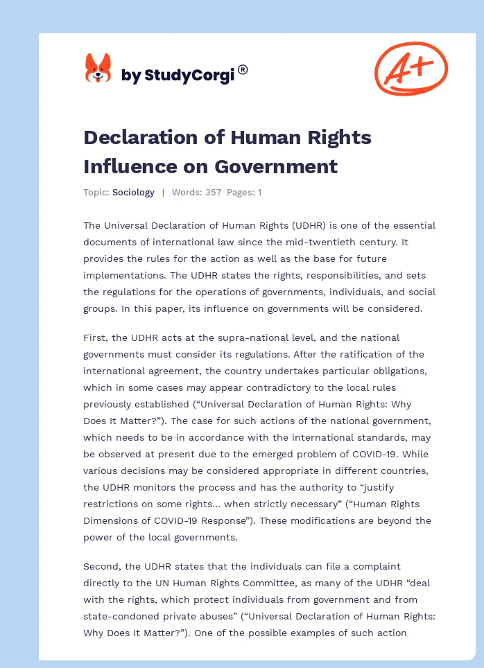 Declaration of Human Rights Influence on Government. Page 1