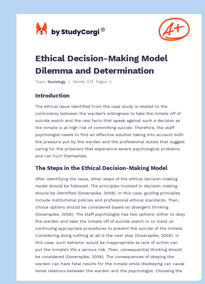 Ethical Decision-Making Model Dilemma and Determination. Page 1