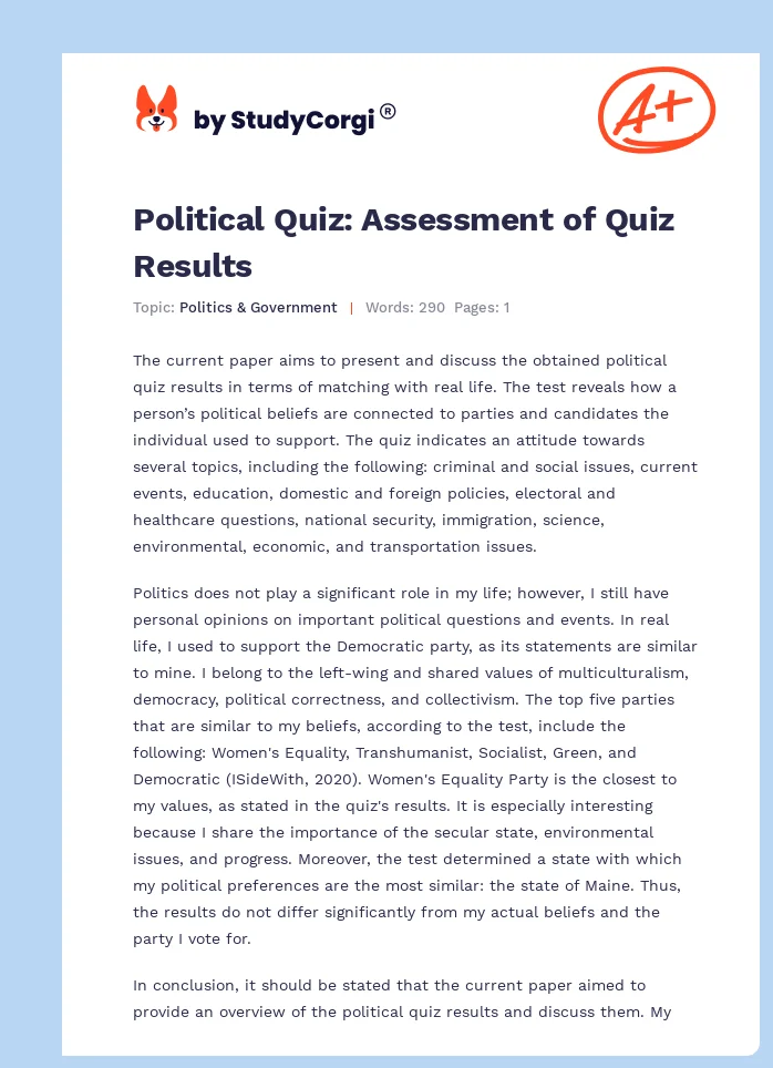 Political Quiz: Assessment of Quiz Results. Page 1