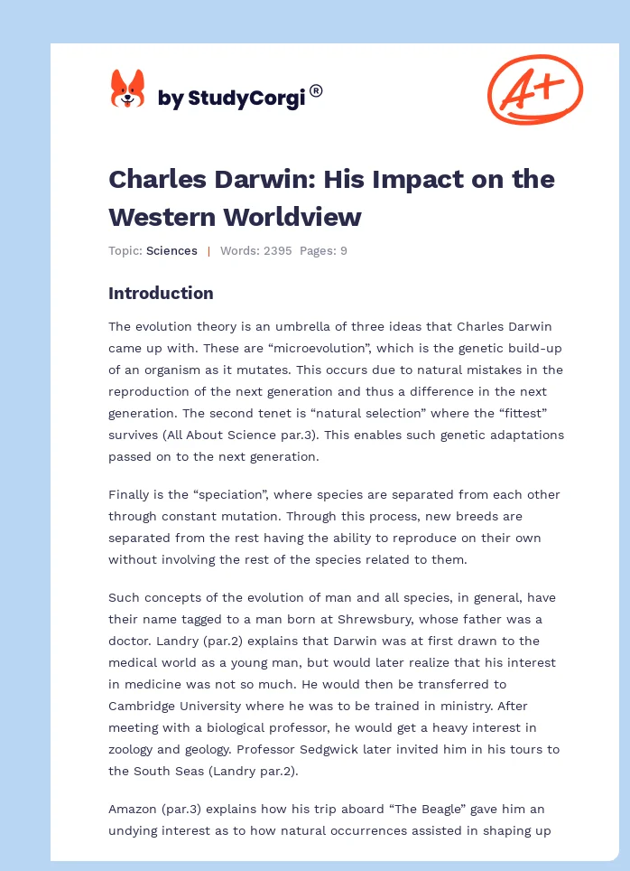 Charles Darwin: His Impact on the Western Worldview. Page 1