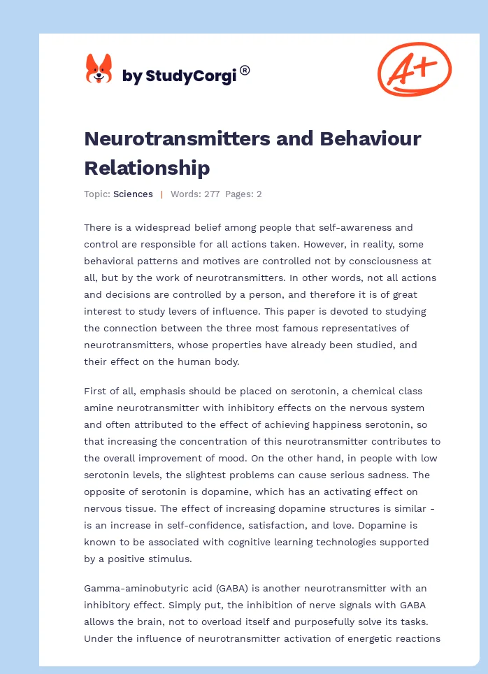 Neurotransmitters and Behaviour Relationship. Page 1