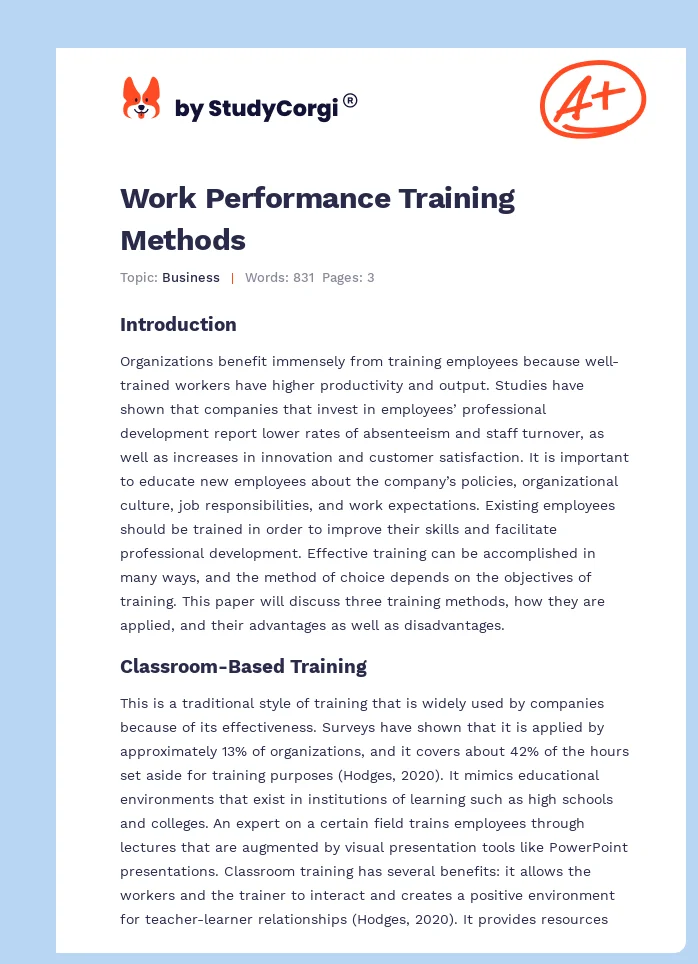 Work Performance Training Methods. Page 1