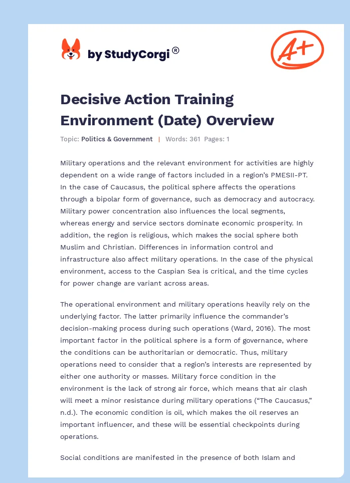 Decisive Action Training Environment (Date) Overview. Page 1
