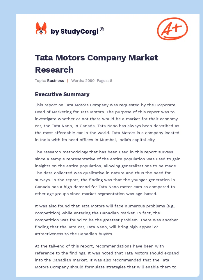 Tata Motors Company Market Research. Page 1