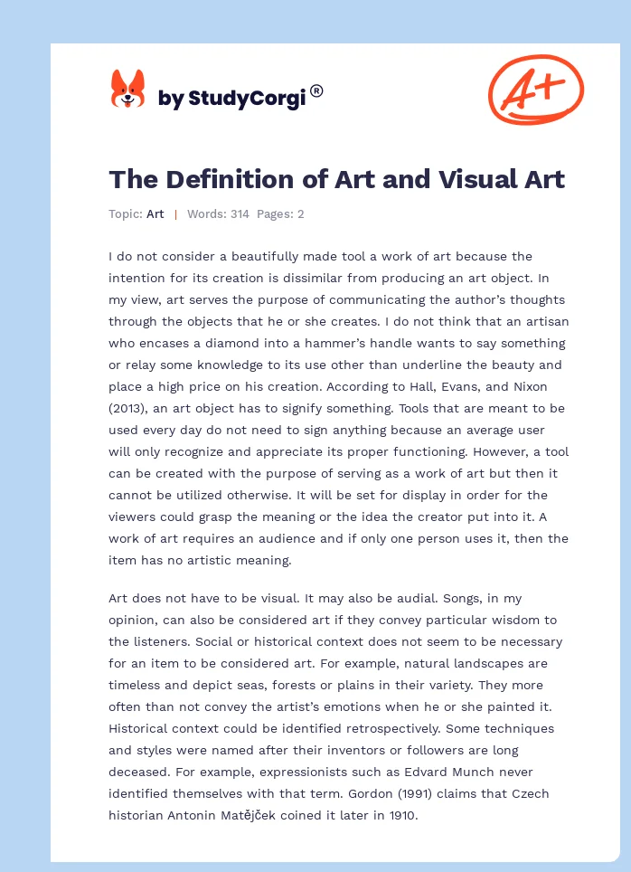 The Definition of Art and Visual Art. Page 1