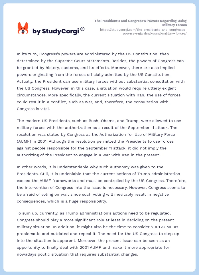 The President’s and Congress’s Powers Regarding Using Military Forces. Page 2