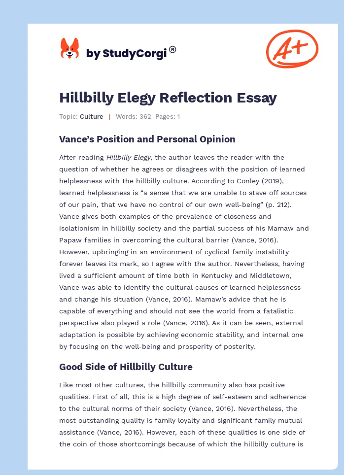 Hillbilly Elegy Reflection Essay. Page 1