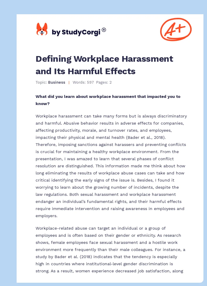 Defining Workplace Harassment and Its Harmful Effects. Page 1