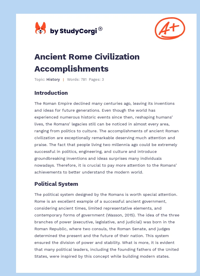 Ancient Rome Civilization Accomplishments. Page 1