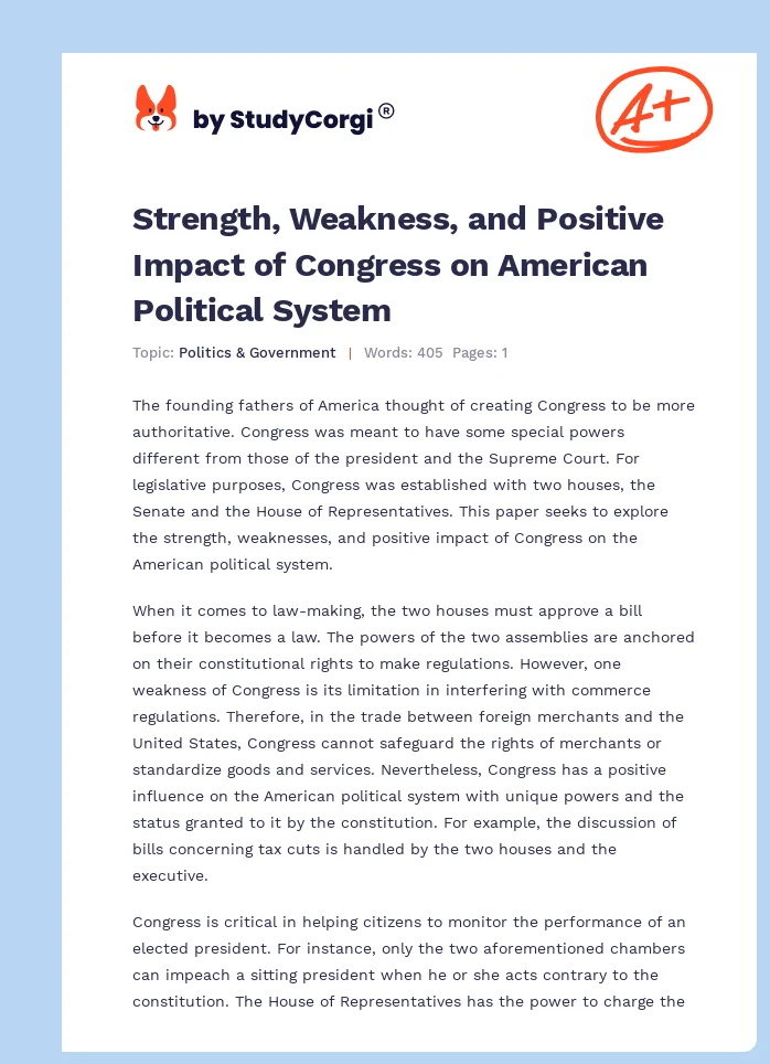 Strength, Weakness, and Positive Impact of Congress on American Political System. Page 1