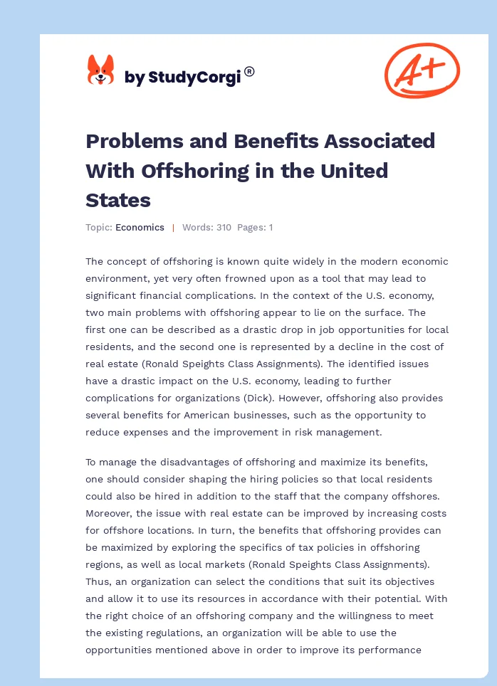 Problems and Benefits Associated With Offshoring in the United States. Page 1