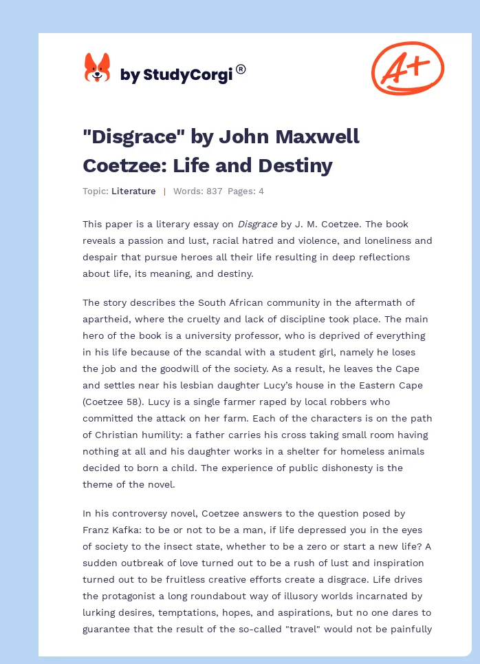 "Disgrace" by John Maxwell Coetzee: Life and Destiny. Page 1