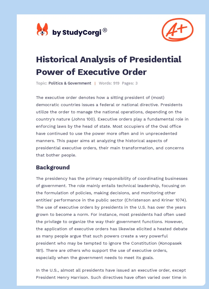 Historical Analysis of Presidential Power of Executive Order. Page 1
