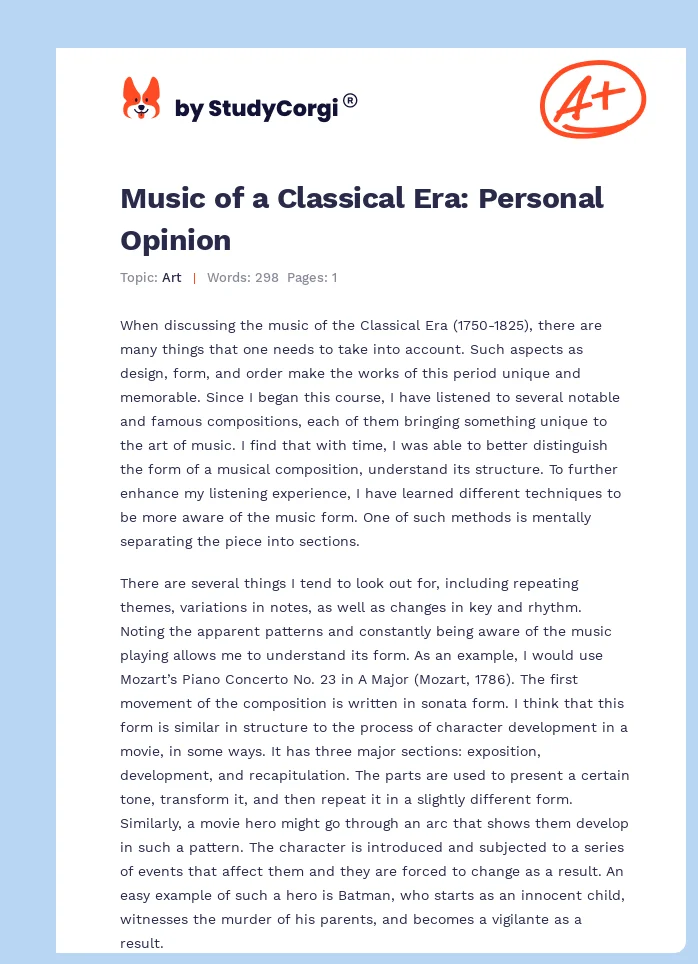 Music of a Classical Era: Personal Opinion. Page 1