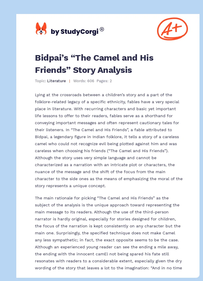 Bidpai’s “The Camel and His Friends” Story Analysis. Page 1