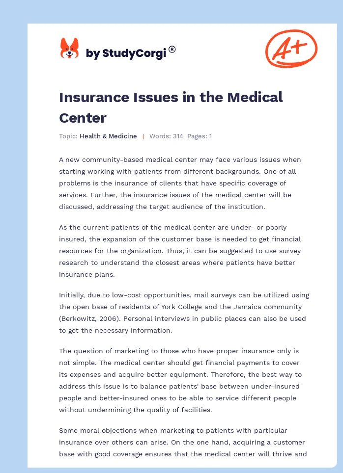 Insurance Issues in the Medical Center. Page 1