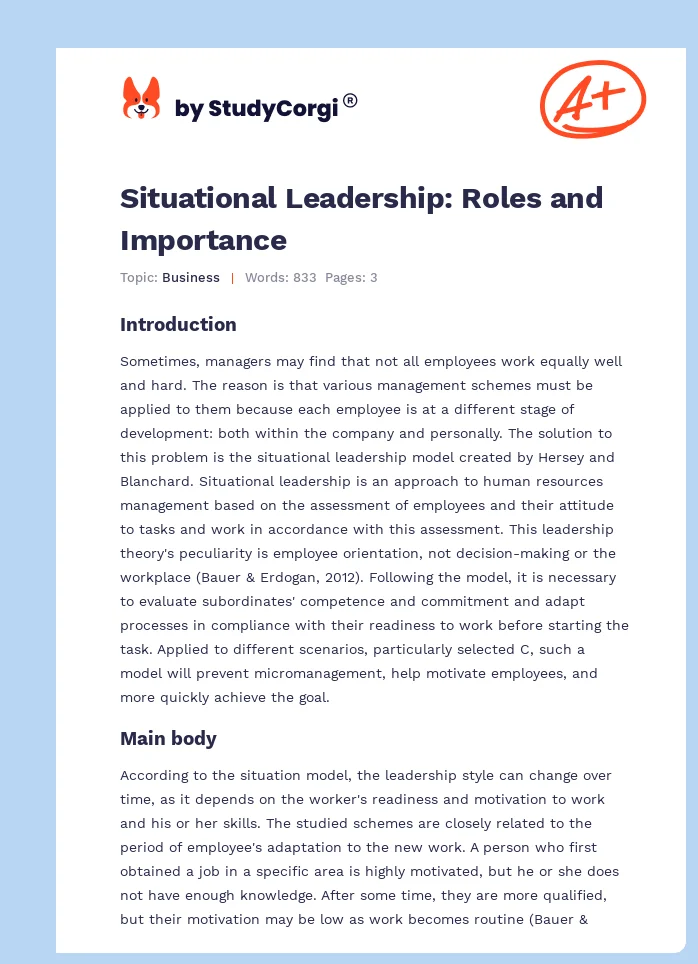 Situational Leadership: Roles and Importance. Page 1