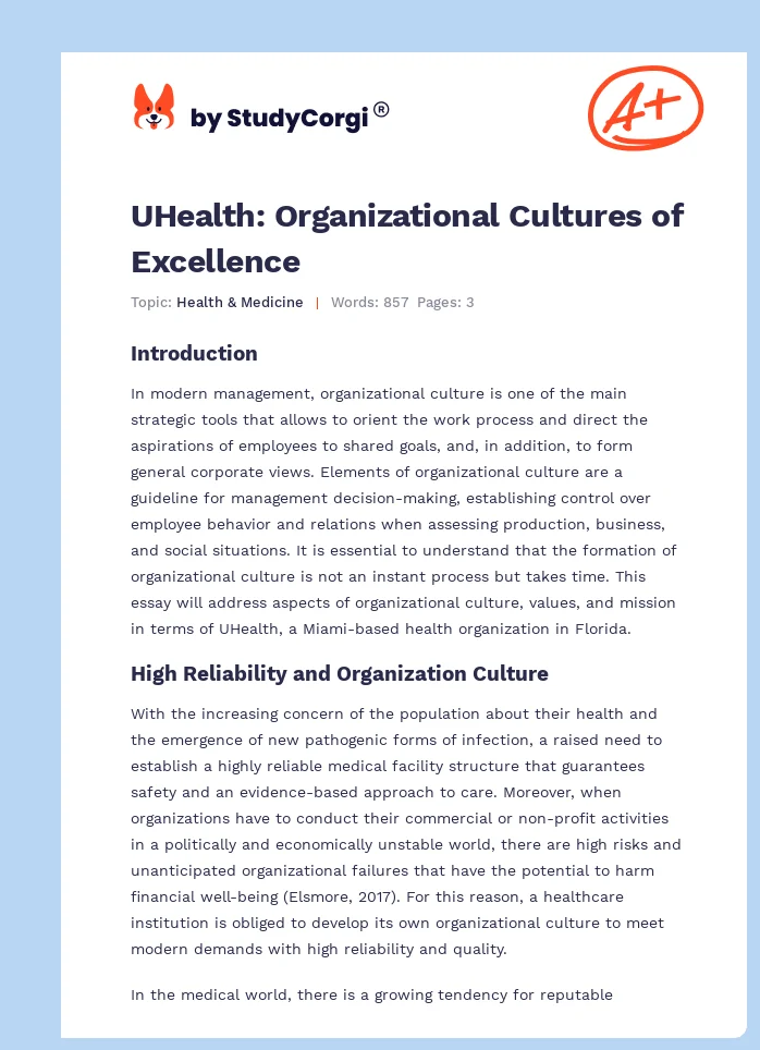 UHealth: Organizational Cultures of Excellence. Page 1