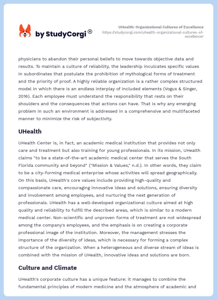 UHealth: Organizational Cultures of Excellence. Page 2