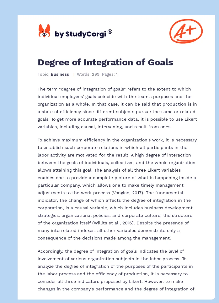 Degree of Integration of Goals. Page 1