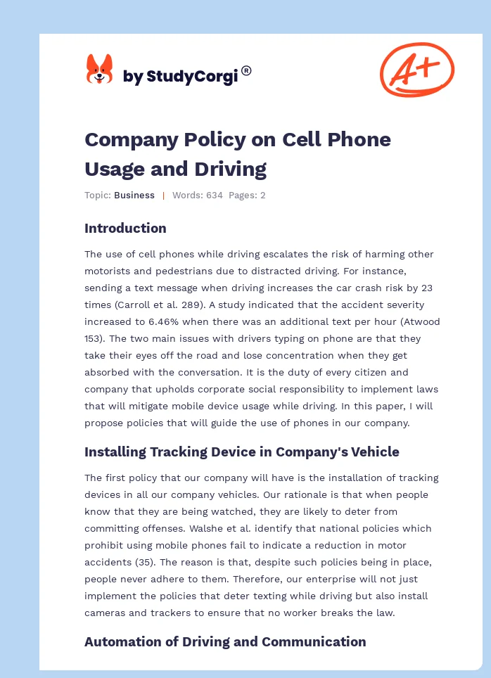 Company Policy on Cell Phone Usage and Driving. Page 1