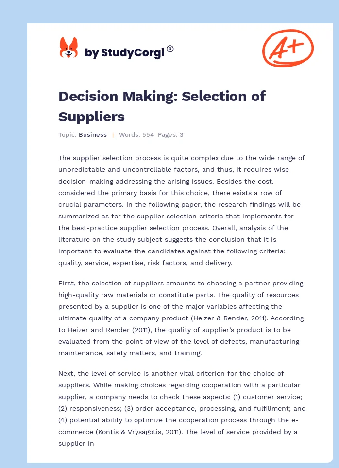 Decision Making: Selection of Suppliers. Page 1