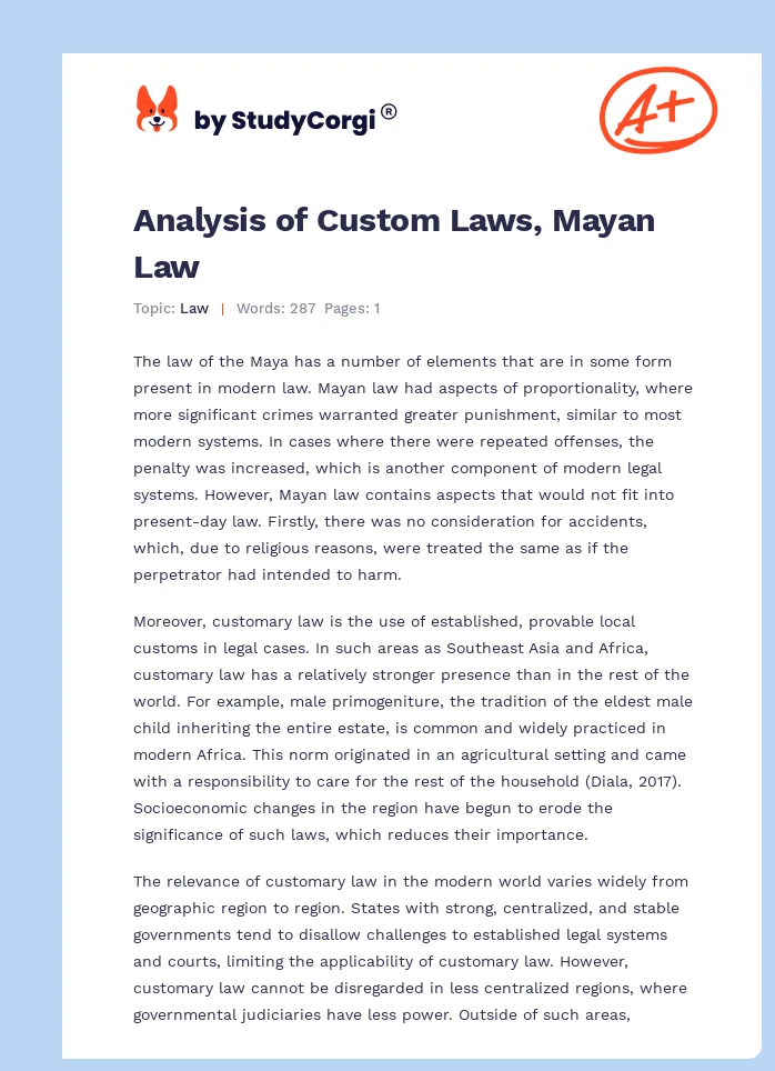 Analysis of Custom Laws, Mayan Law. Page 1