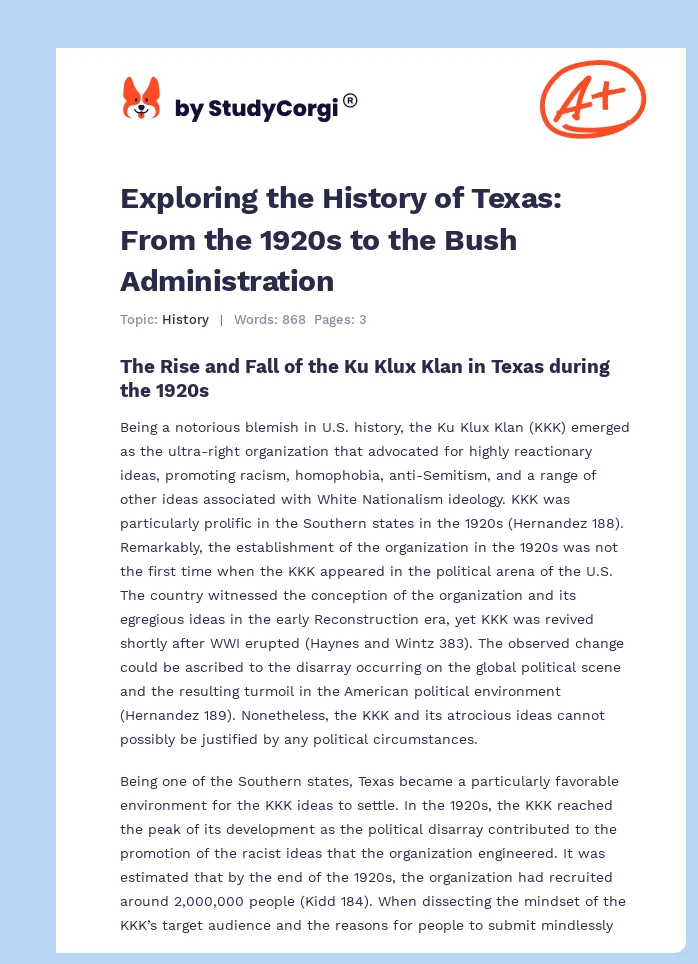 Exploring the History of Texas: From the 1920s to the Bush Administration. Page 1