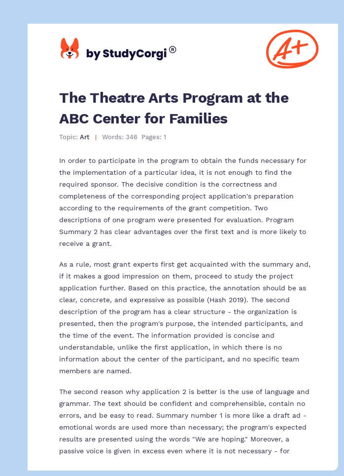 The Theatre Arts Program at the ABC Center for Families. Page 1