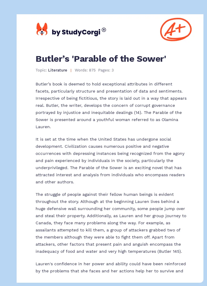 Butler’s 'Parable of the Sower'. Page 1