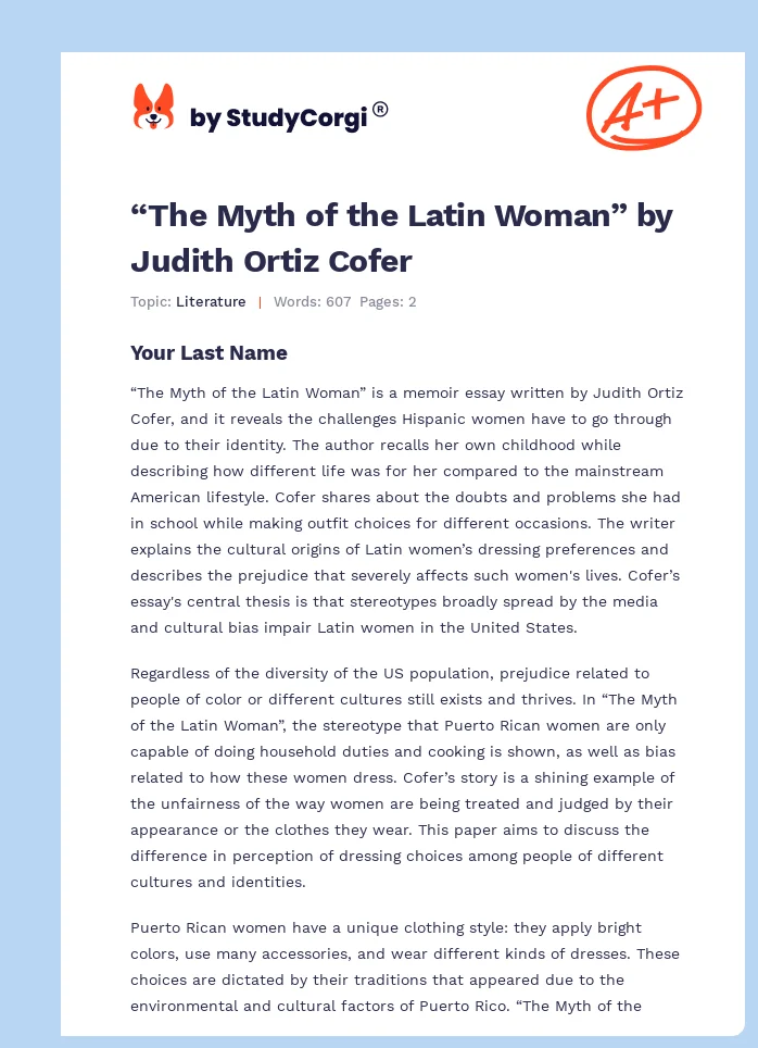 “The Myth of the Latin Woman” by Judith Ortiz Cofer. Page 1