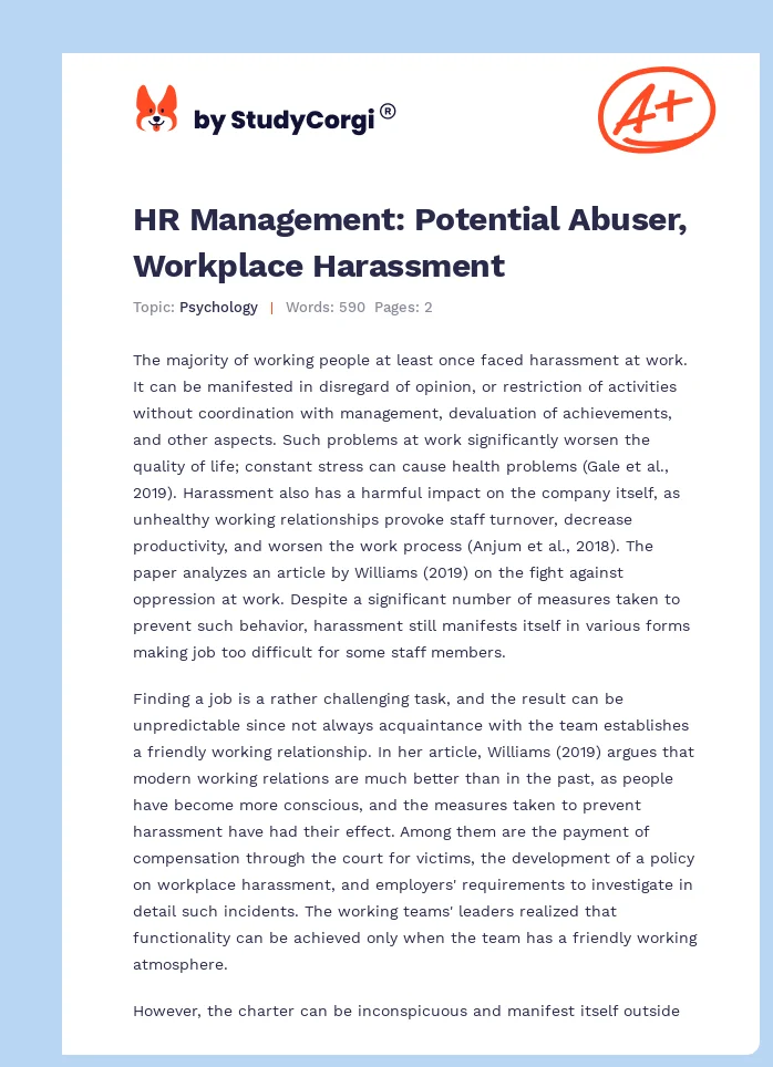 HR Management: Potential Abuser, Workplace Harassment. Page 1