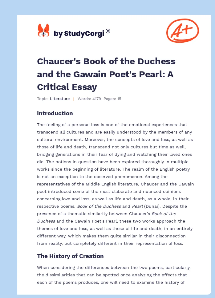 Chaucer's Book of the Duchess and the Gawain Poet's Pearl: A Critical Essay. Page 1