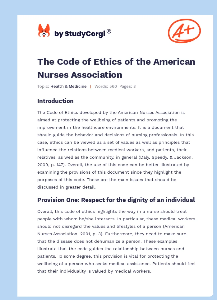The Code of Ethics of the American Nurses Association. Page 1